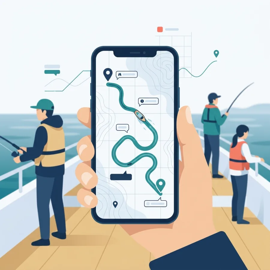 スマートフォンの海図に、曲がりくねった GPS の航跡が描かれている
