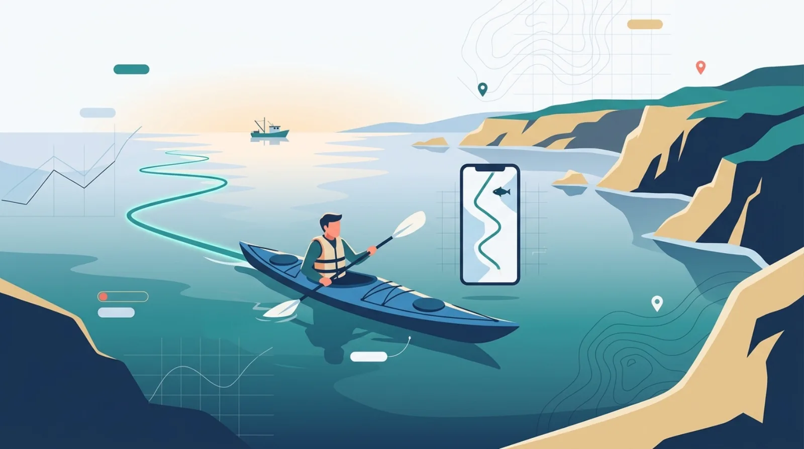 夜明けの湾でカヤックを漕ぐ釣り人。水面に GPS の航跡が描かれ、スマートフォンの地図にも同じルートが映っている
